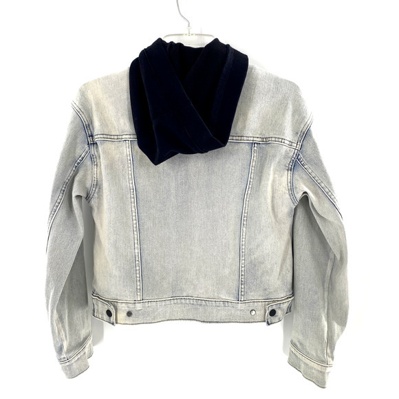 Athleta Double Time Denim Jacket Hooded Vest Combo Womens Sz S Acid Wash/Black - Picture 2 of 16